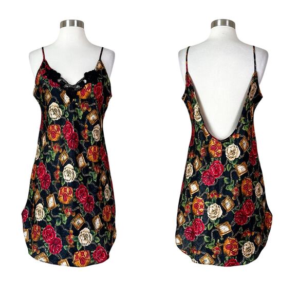 Vintage | 90s Amelia’s Floral Chain Print Lace Low Open Back Lingerie Night Gown - Picture 1 of 8